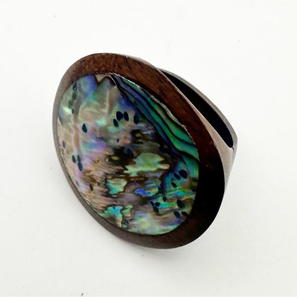 Wood Abalone Oversized Round Ring Chunky Retro Boho Bohemian Size 6.75 - Picture 10 of 11